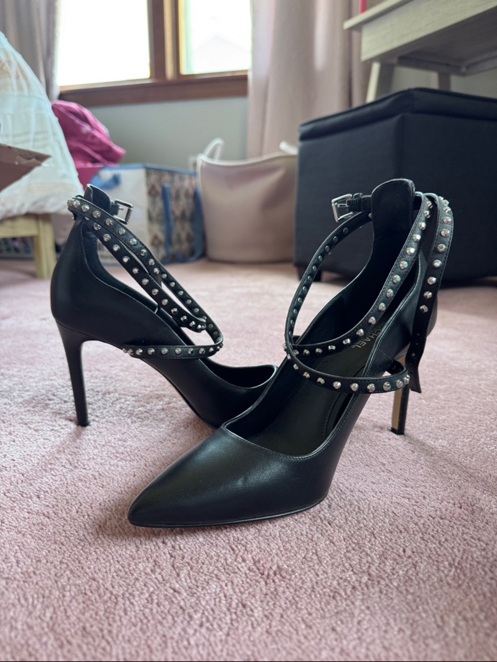 Women's Michael kors Black Studded Strappy Pointed-Toe Heels